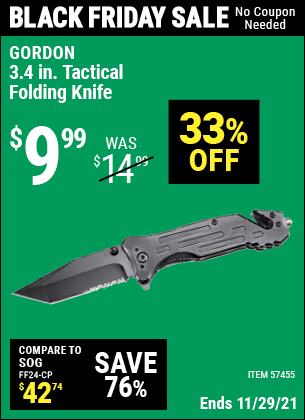 Buy the GORDON 3.4 In. Pocket Knife (Item 57455) for $9.99, valid through 11/29/2021.