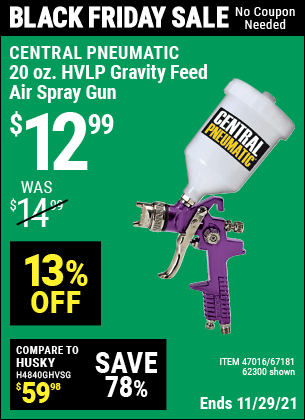 Central Pneumatic 20 Oz. Hvlp Gravity Feed Air Spray Gun For $12.99 