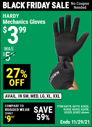 Buy the HARDY Mechanic's Gloves X-Large (Item 62432/62429/62433/62428/62434/62426/64178/64179) for $3.99, valid through 11/29/2021.