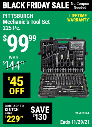 PITTSBURGH Mechanic’s Tool Kit 225 Pc. for $99.99 – Harbor Freight Coupons