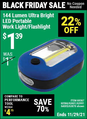 Buy the 144 Lumen Ultra Bright LED Portable Worklight/Flashlight (Item 63878/69567/60566/63601/63991/64005) for $1.39, valid through 11/29/2021.