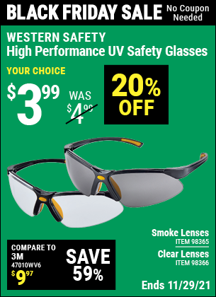 Buy the WESTERN SAFETY High Performance UV Safety Glasses with Smoke Lenses (Item 98365/98366) for $3.99, valid through 11/29/2021.