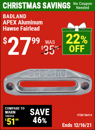 BADLAND APEX Aluminum Hawse Fairlead for $27.99 – Harbor Freight Coupons