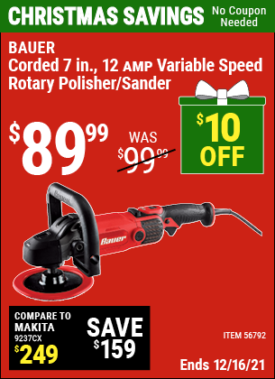 Buy the BAUER Corded 7 in. 12 Amp Variable Speed Rotary Polisher/Sander (Item 56792) for $89.99, valid through 12/16/2021.