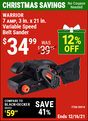 Buy the WARRIOR 7 Amp 3 In. X 21 In. Belt Sander (Item 56916) for $34.99, valid through 12/16/2021.