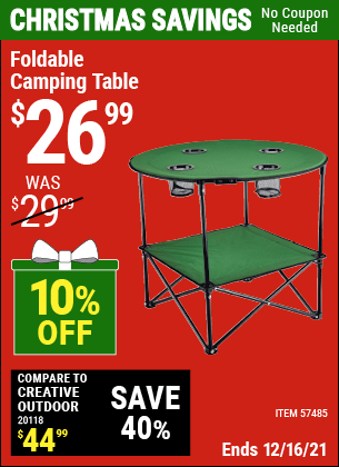 Buy the Foldable Camping Table (Item 57485) for $26.99, valid through 12/16/2021.