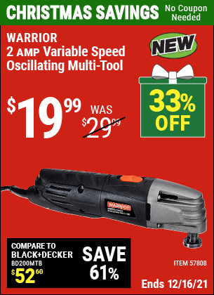 Buy the WARRIOR 2 Amp Variable Speed Oscillating Multi-Tool (Item 57808) for $19.99, valid through 12/16/2021.