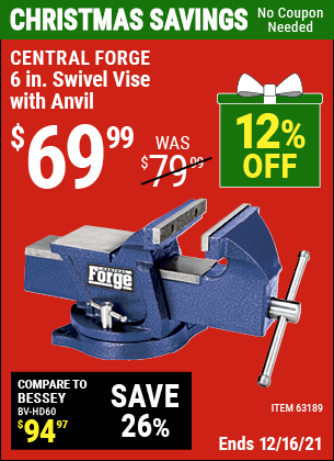 Buy the CENTRAL FORGE 6 in. Swivel Vise with Anvil (Item 63189) for $69.99, valid through 12/16/2021.