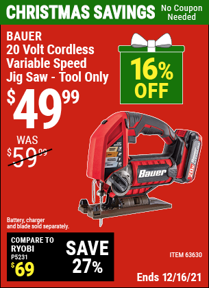 Buy the BAUER 20V Hypermax Lithium Cordless Jig Saw (Item 63630) for $49.99, valid through 12/16/2021.