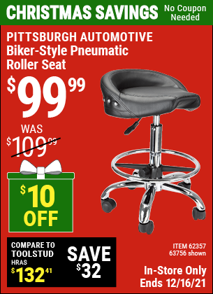 Buy the PITTSBURGH AUTOMOTIVE Biker-Style Pneumatic Roller Seat (Item 63756/62357) for $99.99, valid through 12/16/2021.