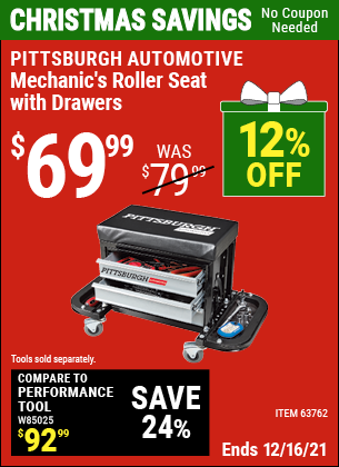 Buy the PITTSBURGH AUTOMOTIVE Mechanic's Roller Seat with Drawers (Item 63762) for $69.99, valid through 12/16/2021.