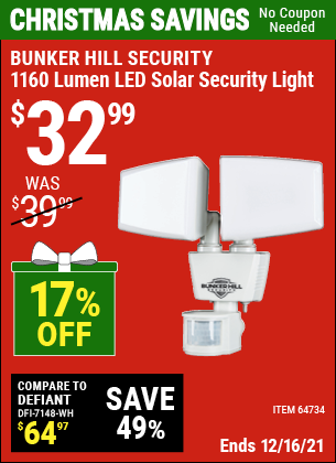 Buy the BUNKER HILL SECURITY 1160 Lumen LED Solar Security Light (Item 64734) for $32.99, valid through 12/16/2021.