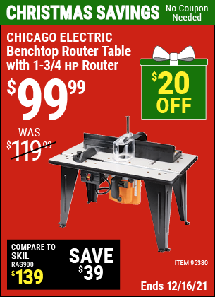 Buy the CHICAGO ELECTRIC Benchtop Router Table with 1-3/4 HP Router (Item 95380) for $99.99, valid through 12/16/2021.