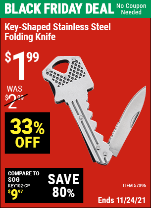 Buy the Key-Shaped Stainless Steel Folding Knife (Item 57396) for $1.99, valid through 11/24/2021.