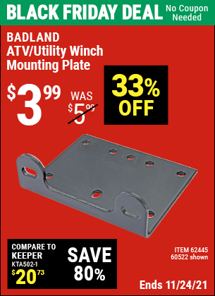 Buy the BADLAND ATV/Utility Winch Mounting Plate (Item 60522/62445) for $3.99, valid through 11/24/2021.