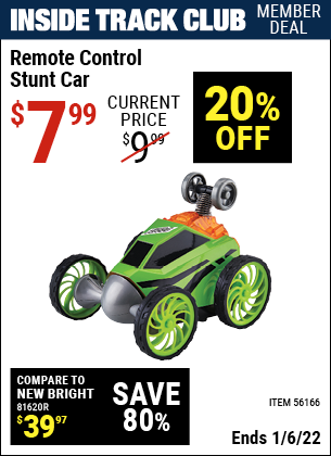 Inside Track Club members can buy the Remote Control Stunt Car (Item 56166) for $7.99, valid through 1/6/2022.