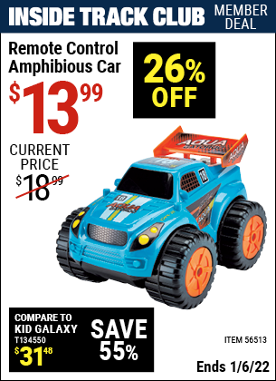 Inside Track Club members can buy the Remote Control Amphibious Car (Item 56513) for $13.99, valid through 1/6/2022.
