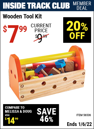Inside Track Club members can buy the HFT Wooden Tool Kit (Item 56536) for $7.99, valid through 1/6/2022.