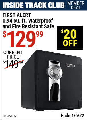 Inside Track Club members can buy the FIRST ALERT 0.94 Cu. Ft. Waterproof And Fire Resistant Safe (Item 57772) for $129.99, valid through 1/6/2022.