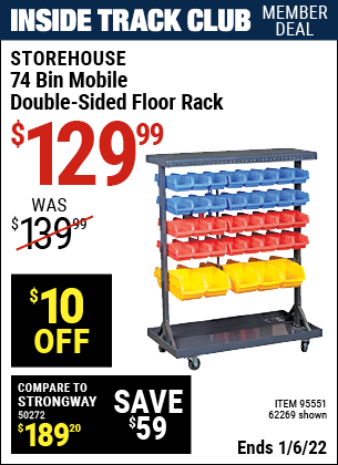Inside Track Club members can buy the STOREHOUSE 74 Bin Mobile Double-Sided Floor Rack (Item 62269/95551) for $129.99, valid through 1/6/2022.