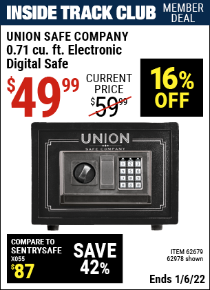 Inside Track Club members can buy the UNION SAFE COMPANY 0.71 cu. ft. Electronic Digital Safe (Item 62978/62679) for $49.99, valid through 1/6/2022.