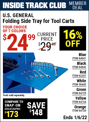 Inside Track Club members can buy the U.S. GENERAL Folding Side Tray for Blue Tool Cart (Item 64641) for $24.99, valid through 1/6/2022.