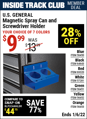 Inside Track Club members can buy the U.S. GENERAL Magnetic Spray Can and Screwdriver Holder Black (Item 64643) for $9.99, valid through 1/6/2022.