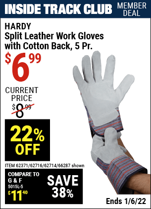 Inside Track Club members can buy the HARDY Split Leather Work Gloves with Cotton Back 5 Pr. (Item 66287/62371/62716/62714) for $6.99, valid through 1/6/2022.