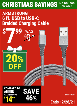 Buy the ARMSTRONG 6 Ft. USB To USB-C Braided Charging Cable (Item 57490) for $7.99, valid through 12/26/2022.