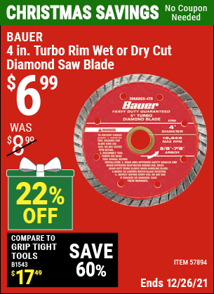 Buy the BAUER 4 in. Turbo Rim Wet or Dry Cut Diamond Saw Blade (Item 57894) for $6.99, valid through 12/26/2022.