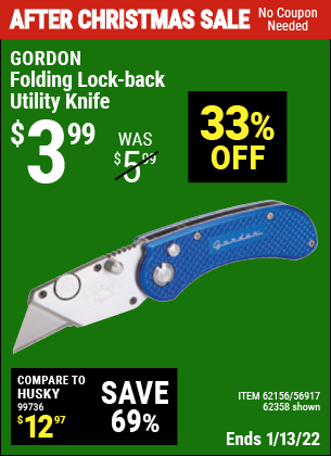 Buy the GORDON Folding Lock-Back Utility Knife (Item 62358/62156/56917) for $3.99, valid through 1/13/2022.
