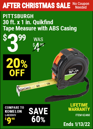 PITTSBURGH 30 ft. x 1 in. QuikFind Tape Measure with ABS Casing for $3. ...