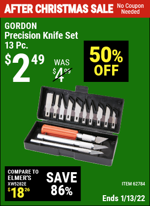 Buy the GORDON Precision Knife Set 13 Pc. (Item 62784) for $2.49, valid through 1/13/2022.