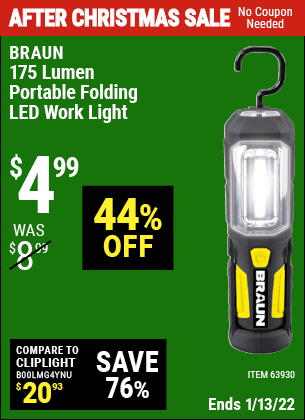 Buy the BRAUN Portable Folding LED Work Light (Item 63930) for $4.99, valid through 1/13/2022.