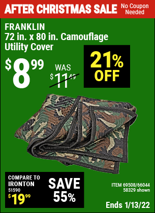 Buy the HAUL-MASTER 72 in. x 80 in. Camouflage Utility Cover (Item 66044/58329/69508) for $8.99, valid through 1/13/2022.