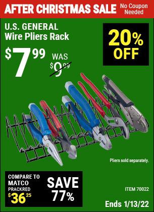 Buy the U.S. GENERAL Wire Pliers Rack (Item 70022) for $7.99, valid through 1/13/2022.