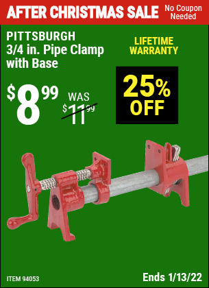 Buy the PITTSBURGH 3/4 in. Pipe Clamp with Base (Item 94053) for $8.99, valid through 1/13/2022.