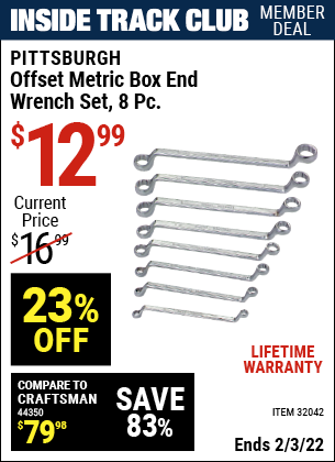 Inside Track Club members can buy the PITTSBURGH Metric Offset Box Wrench Set 8 Pc. (Item 32042) for $12.99, valid through 2/3/2022.