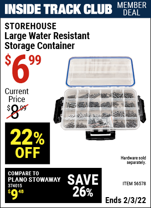 Inside Track Club members can buy the STOREHOUSE Large Organizer IP55 Rated (Item 56578) for $6.99, valid through 2/3/2022.