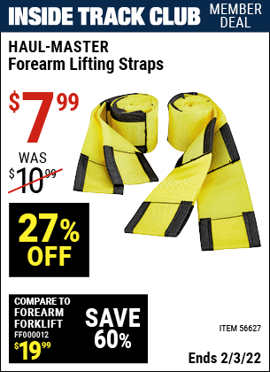 Inside Track Club members can buy the HAUL-MASTER Forearm Lifting Straps (Item 56627) for $7.99, valid through 2/3/2022.
