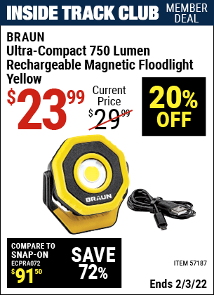 Inside Track Club members can buy the BRAUN Ultra-Compact 750 Lumen Rechargeable Magnetic Floodlight (Item 57187) for $23.99, valid through 2/3/2022.