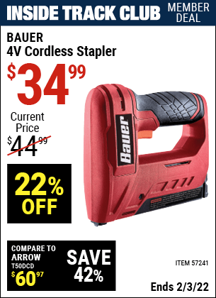 Inside Track Club members can buy the BAUER 4v Cordless Stapler (Item 57241) for $34.99, valid through 2/3/2022.