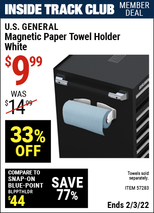 Inside Track Club members can buy the U.S. GENERAL Magnetic Paper Towel Holder – White (Item 57283) for $9.99, valid through 2/3/2022.