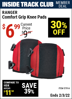 Inside Track Club members can buy the RANGER Comfort Grip Knee Pads (Item 57914) for $6.99, valid through 2/3/2022.