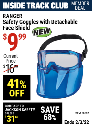 Inside Track Club members can buy the RANGER Detachable Goggle Face Shield (Item 58667) for $9.99, valid through 2/3/2022.