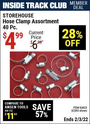 Inside Track Club members can buy the STOREHOUSE Hose Clamp Assortment 40 Pc. (Item 62363/63623) for $4.99, valid through 2/3/2022.
