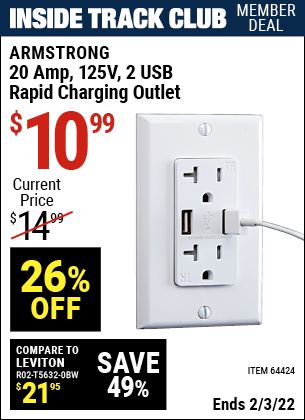 Inside Track Club members can buy the ARMSTRONG 20 Amp 125 Volt 2 USB Rapid Charging Outlet (Item 64424) for $10.99, valid through 2/3/2022.