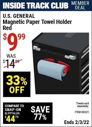 Inside Track Club members can buy the U.S. GENERAL Magnetic Paper Towel Holder (Item 69321) for $9.99, valid through 2/3/2022.