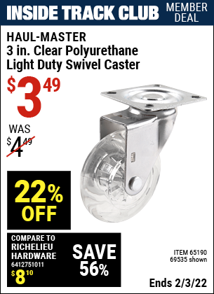 Inside Track Club members can buy the HAUL-MASTER 3 in. Clear Polyurethane Light Duty Swivel Caster (Item 69535) for $3.49, valid through 2/3/2022.