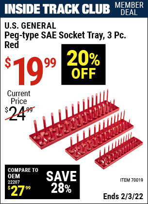 Inside Track Club members can buy the U.S. GENERAL Peg-Type Socket Tray 3 Pc. (Item 70019) for $19.99, valid through 2/3/2022.